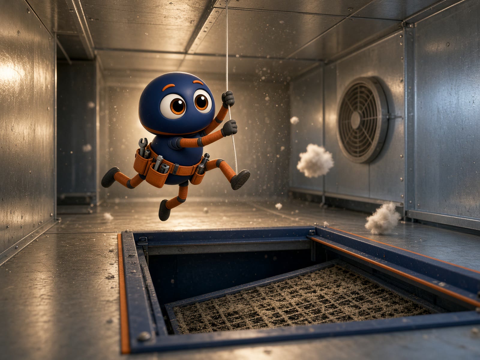hvacyid swinging through shiny air ducts over a furnace-filter pit