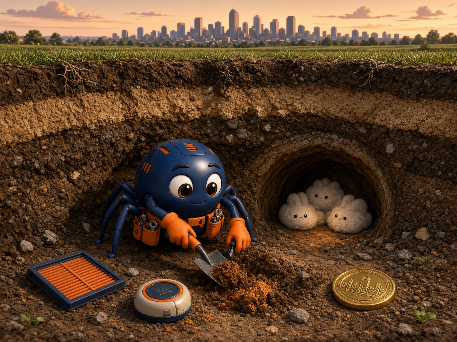hvacyid digging a tunnel under Denver with filters, a thermostat, and treasure