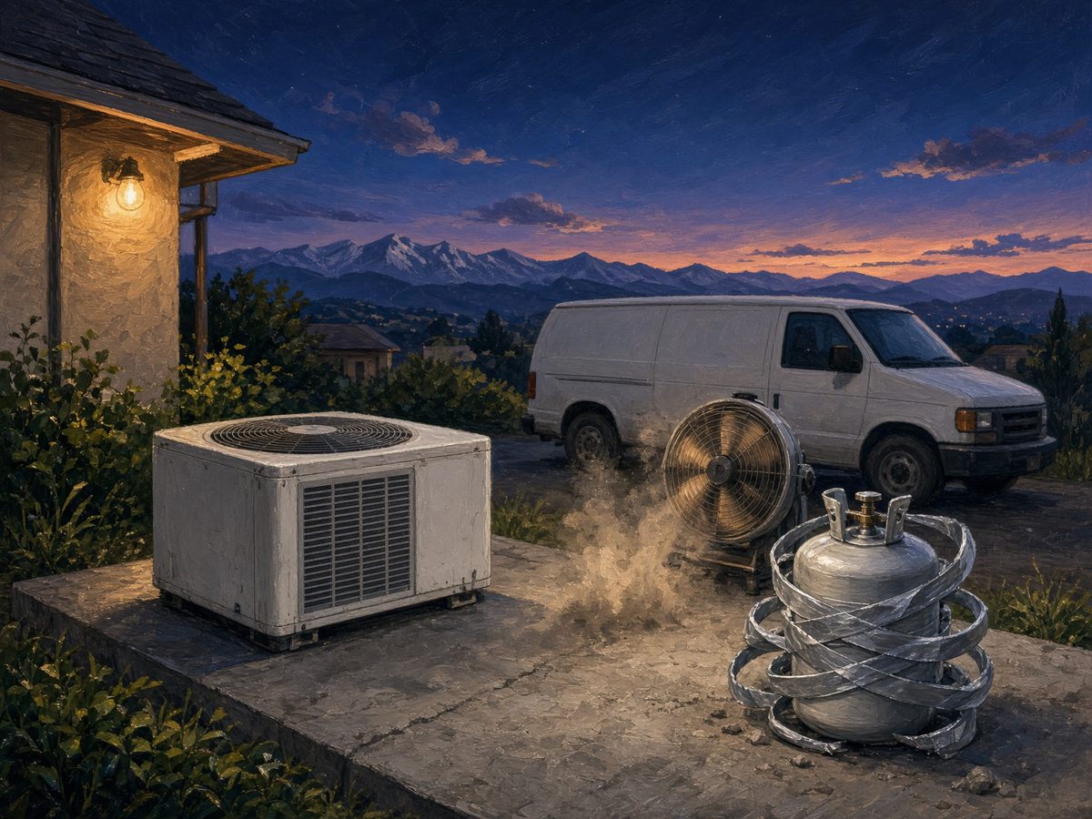 A taped refrigerant tank and a noisy condenser beside a service van at dusk