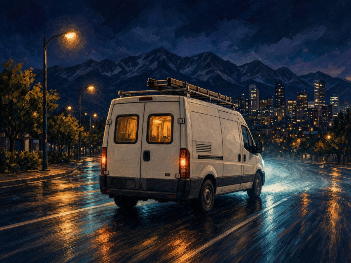 White service van racing a wet Denver street at night with the mountains behind it